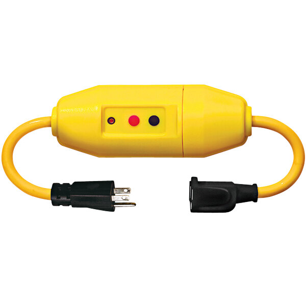 A yellow Lind Equipment GFCI cord with black and red buttons and black wires.
