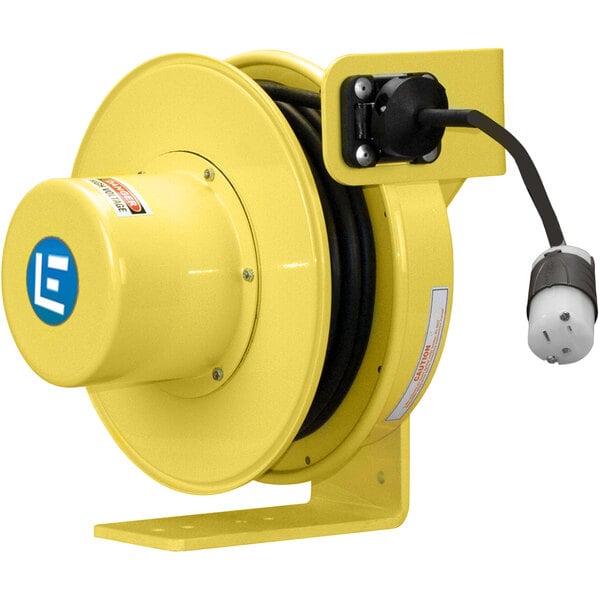 A yellow electrical reel with a black cable.