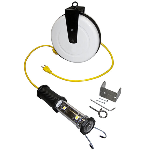 A Lind Equipment work light reel with a yellow wire and an attached LED light.