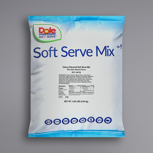 A white bag of DOLE Cherry Soft Serve Mix with blue and white text.