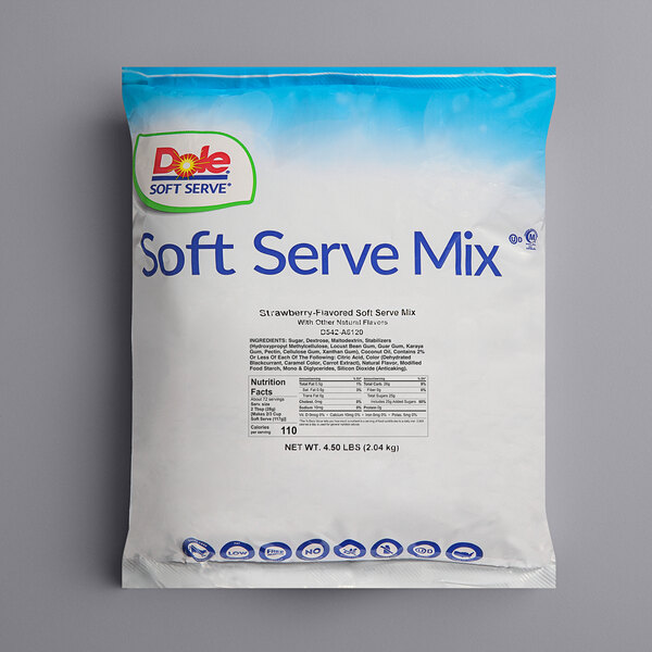 A white bag of DOLE Soft Serve Strawberry Mix with blue text.