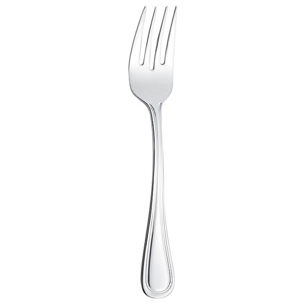 A silver Arcoroc salad fork with a white handle.