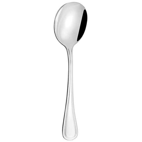 An Arcoroc stainless steel soup spoon with a black handle and silver spoon.