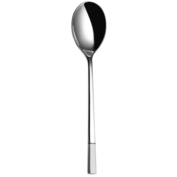 A silver dessert spoon with a black handle.