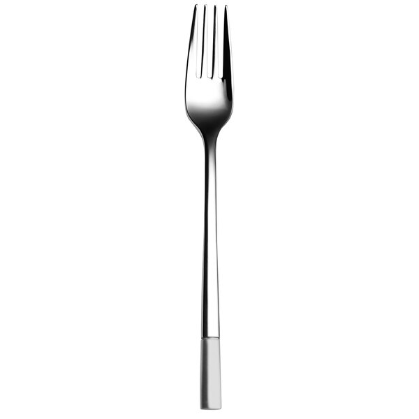 A close up of a Sola Luxus stainless steel dessert fork with a white handle.