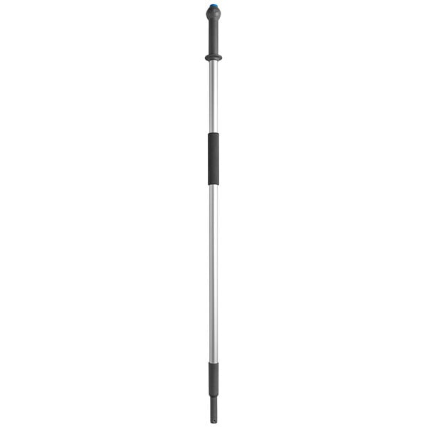A blue aluminum mop handle with a white and black stripe.
