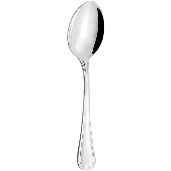 An Arcoroc stainless steel teaspoon with a black handle.
