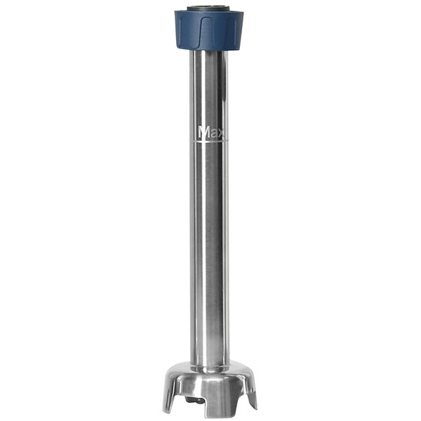 A stainless steel metal blending stick with a blue cap.