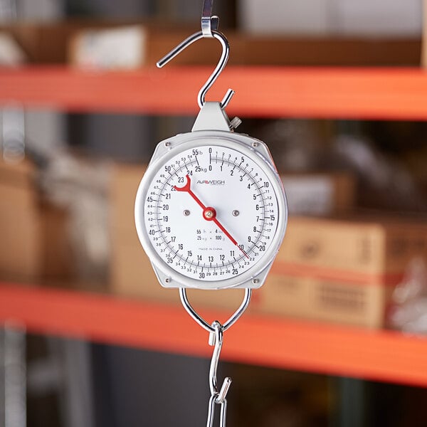 An AvaWeigh industrial hanging scale on a hook.