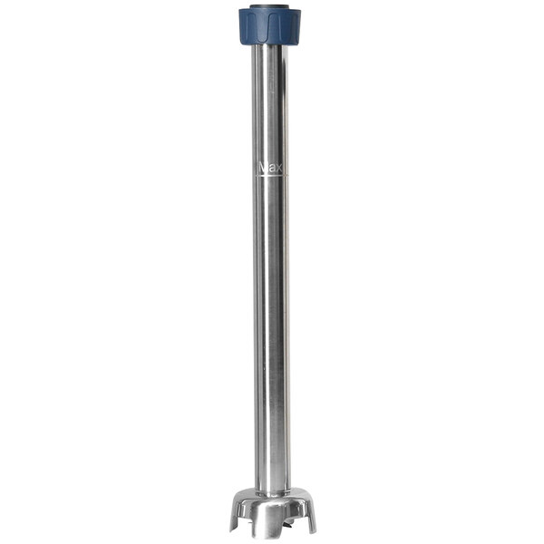 A silver metal blending stick with a blue plastic cap on the end.