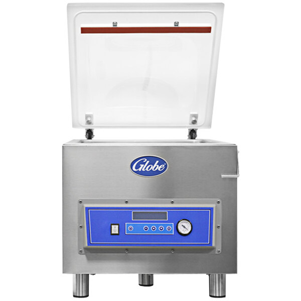 A Globe vacuum packaging machine with a blue and white rectangular lid and buttons.