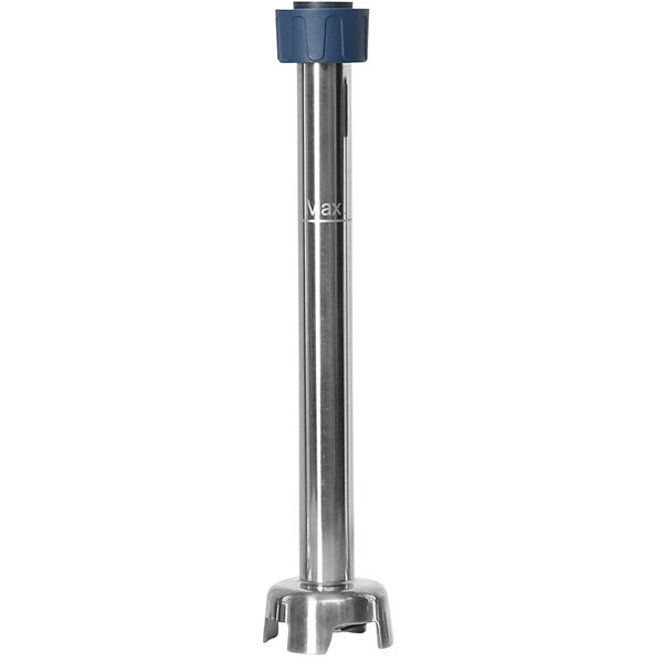 A silver metal blending stick with a blue handle.