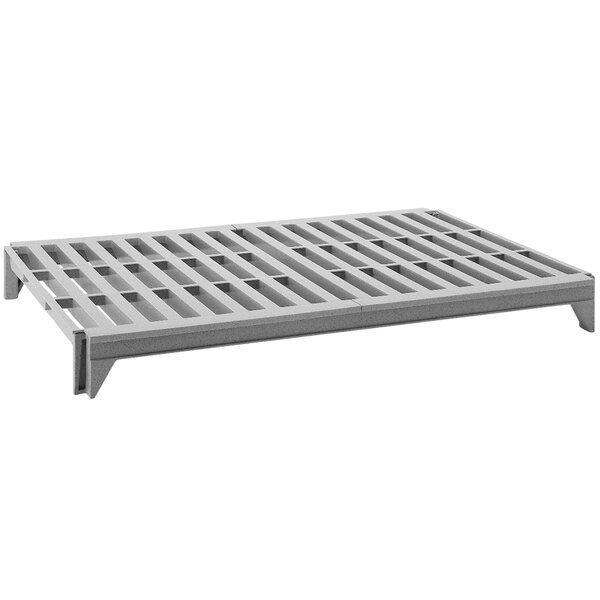 A grey metal Cambro Camshelving® Premium stationary shelf kit with 5 vented shelves and a grey metal grate.