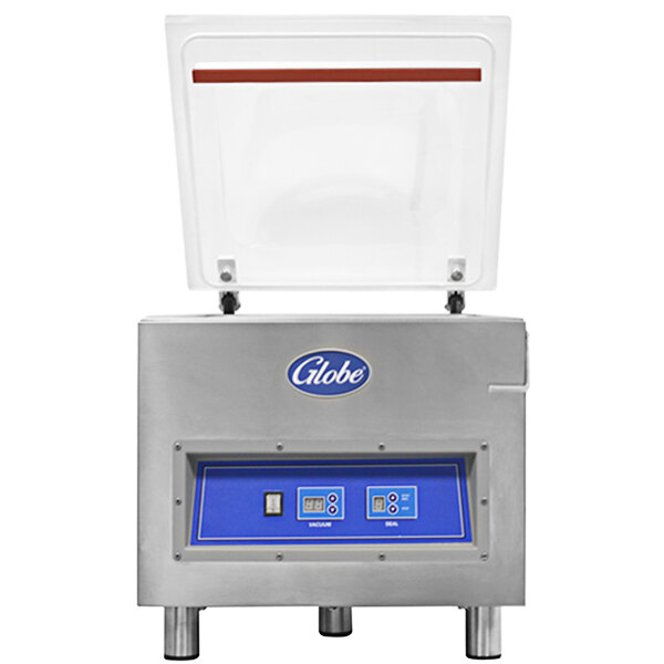 A Globe GVP20 vacuum packaging machine on a white surface with a clear lid open.
