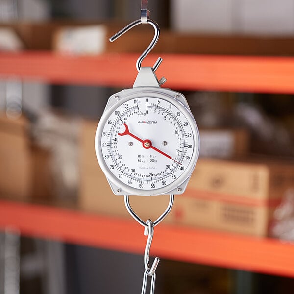 An AvaWeigh industrial hanging scale hanging from a hook.