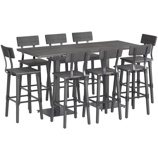 Lancaster Table & Seating 30" x 72" Antique Slate Gray Solid Wood Live Edge Bar Height Table with 8 Bar Chairs