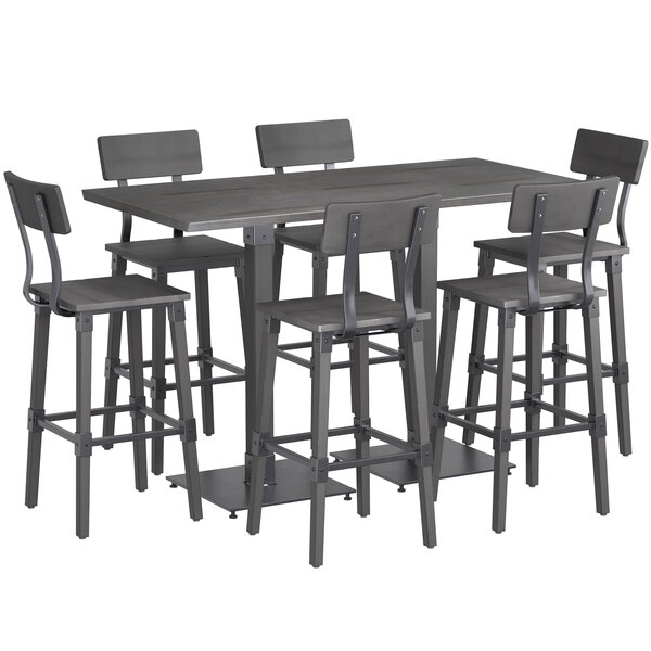 Lancaster Table & Seating 30" x 60" Antique Slate Gray Solid Wood Live Edge Bar Height Table with 6 Bar Chairs