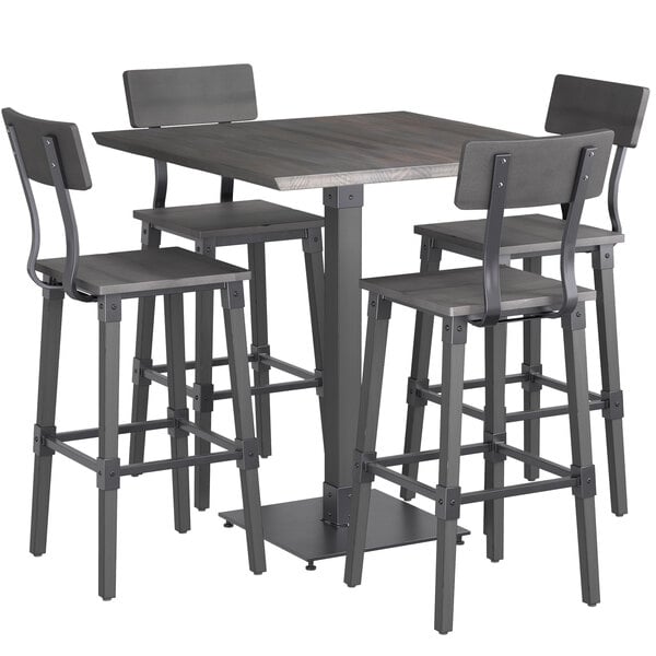 Lancaster Table & Seating 36" Square Antique Slate Gray Solid Wood Live Edge Bar Height Table with 4 Bar Chairs