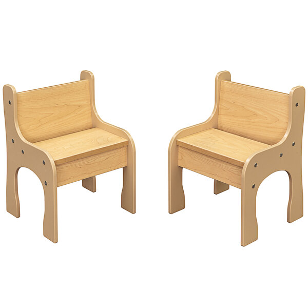 Two beige and maple laminate activity chairs with wooden seats and backs.