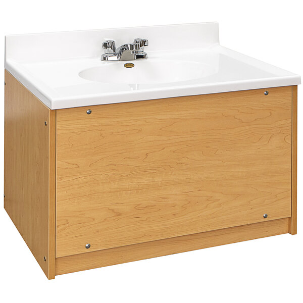 A Tot Mate maple laminate floor vanity with a white sink.