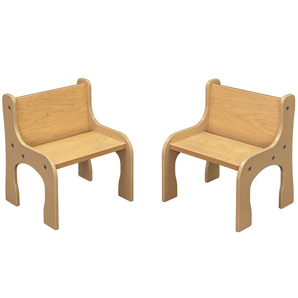 Two beige and maple laminate wooden chairs with a backrest.