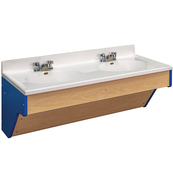 A white and blue Tot Mate double wall vanity with two sinks.