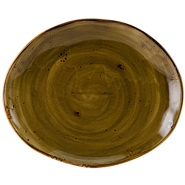 A white china oval platter with a green geode pattern and brown accents.