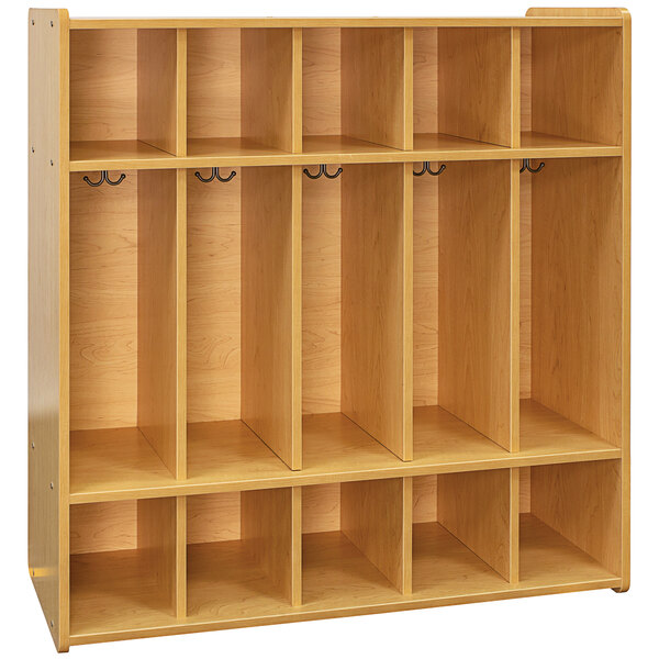 A maple laminate floor locker with five sections and two doors.