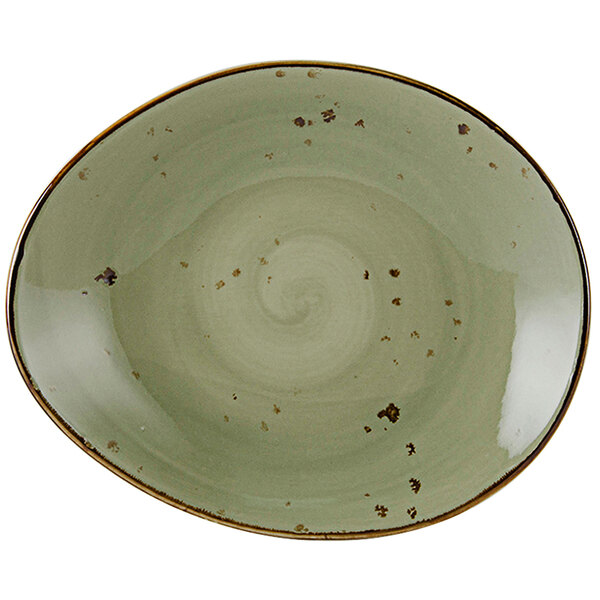A white Tuxton china ellipse plate with a green geode swirl design.