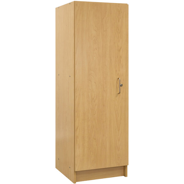 A maple wooden tall single-door cabinet.