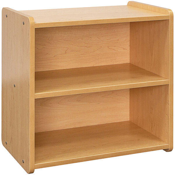 A Tot Mate maple laminate toddler storage shelf with two shelves.