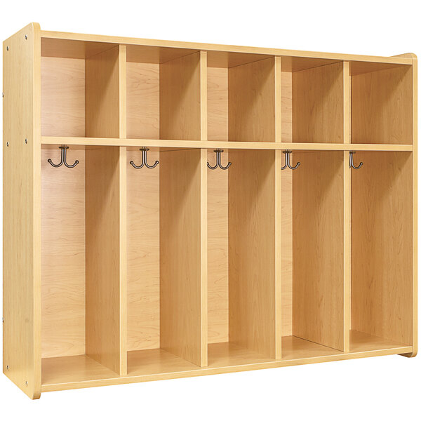 A Tot Mate maple laminate locker with shelves and hooks.