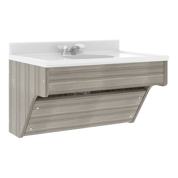A Shadow Elm Tot Mate wall vanity with a white sink on a white countertop.