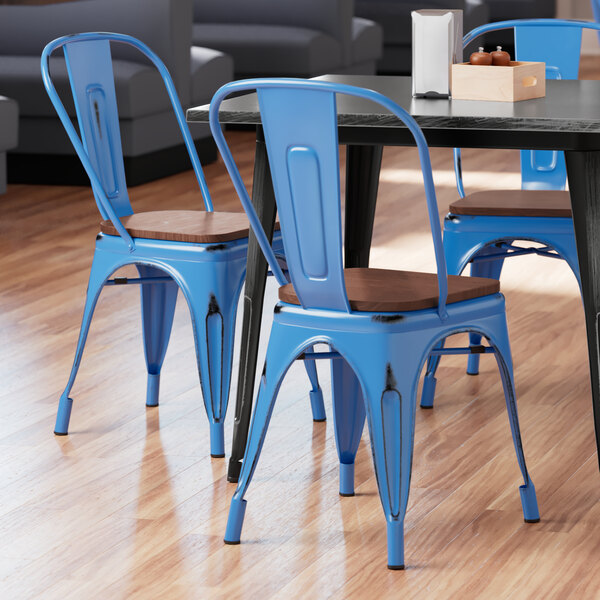 Lancaster Table & Seating Alloy Series Distressed Blue Metal Indoor Industrial Cafe Chair with Vertical Slat Back and Walnut Wood Seat