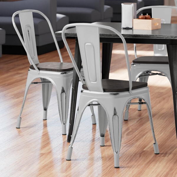 Lancaster Table & Seating Alloy Series Distressed Silver Metal Indoor Industrial Cafe Chair with Vertical Slat Back and Black Wood Seat