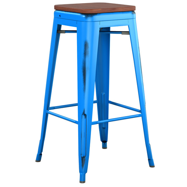 Lancaster Table & Seating Alloy Series Distressed Blue Stackable Metal Indoor Industrial Barstool with Walnut Wood Seat