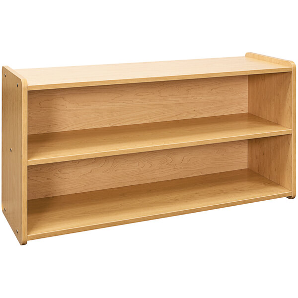 A Tot Mate maple laminate toddler storage shelf with two shelves.