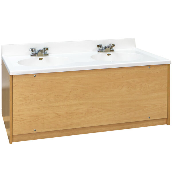 A maple double floor vanity cabinet with two white sinks.