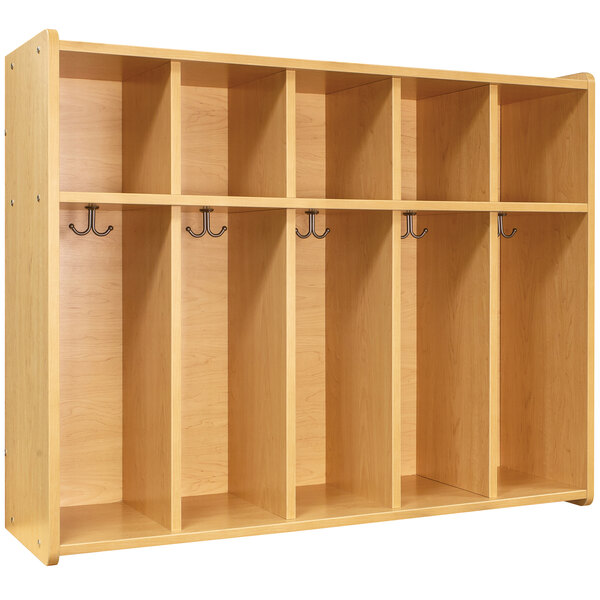 A Tot Mate maple laminate floor locker with four shelves and two hooks.