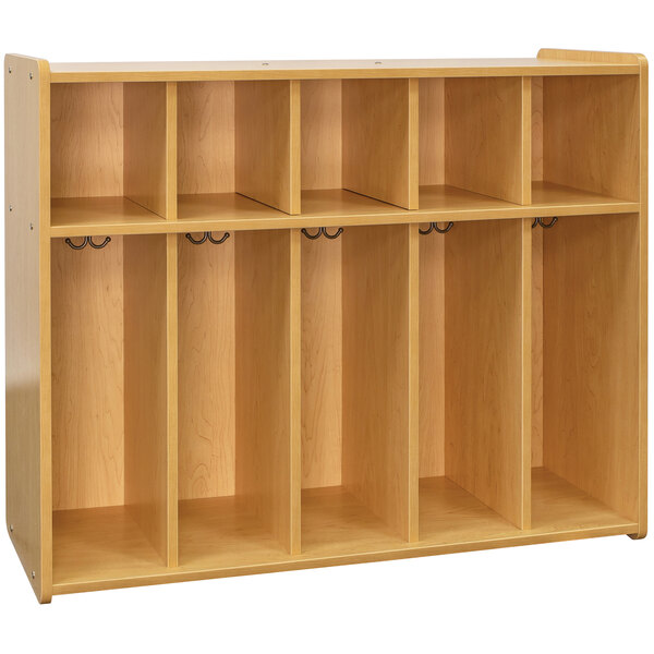 A maple laminate Tot Mate toddler locker with five sections and two doors.
