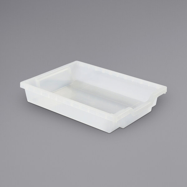 A translucent plastic container with a lid.