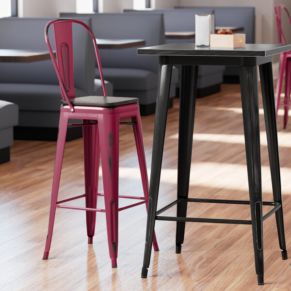 Lancaster Table & Seating Alloy Series Distressed Sangria Metal Indoor Industrial Cafe Bar Height Stool with Vertical Slat Back and Black Wood Seat