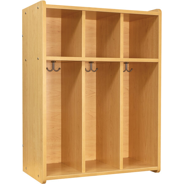 A maple laminate Tot Mate classroom locker with three shelves and two hooks.