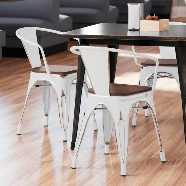 Lancaster Table & Seating Alloy Series Distressed White Metal Indoor Industrial Cafe Arm Chair with Vertical Slat Back and Walnut Wood Seat