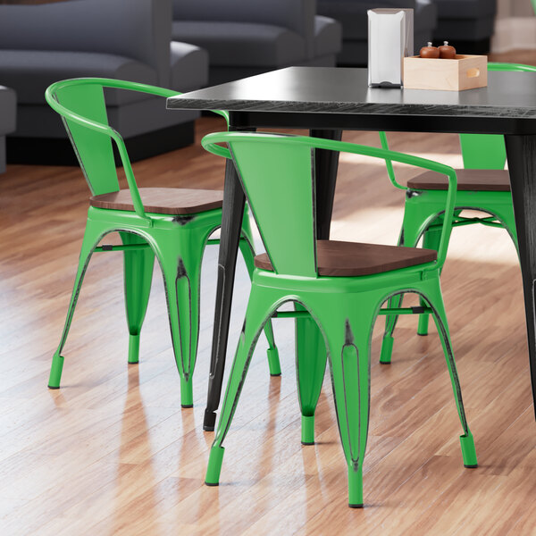 Lancaster Table & Seating Alloy Series Distressed Green Metal Indoor Industrial Cafe Arm Chair with Vertical Slat Back and Walnut Wood Seat