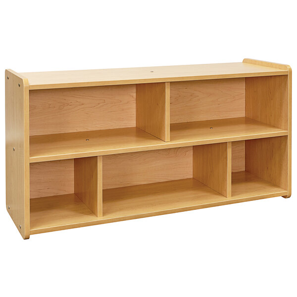 A maple laminate toddler storage shelf with compartments.