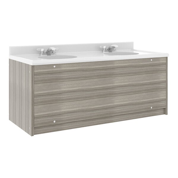 A Tot Mate Shadow Elm double laminate floor vanity with a white counter top and two sinks.