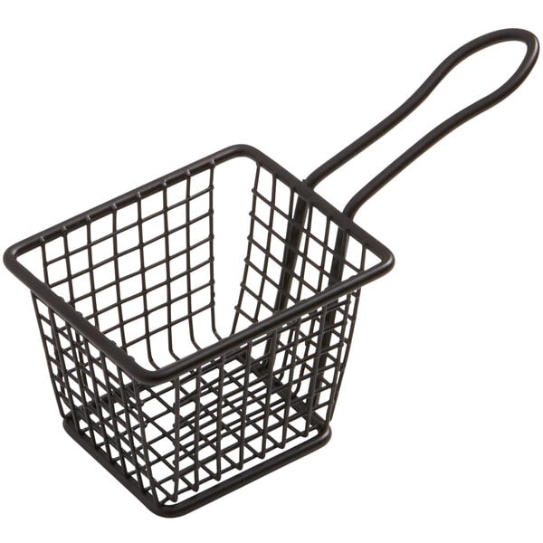 An American Metalcraft black iron rectangular mini fry basket with a handle.