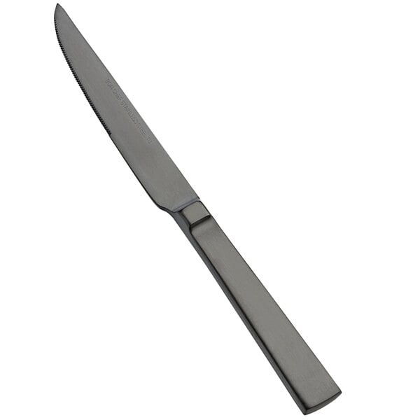 A Bon Chef stainless steel steak knife with a matte black handle.