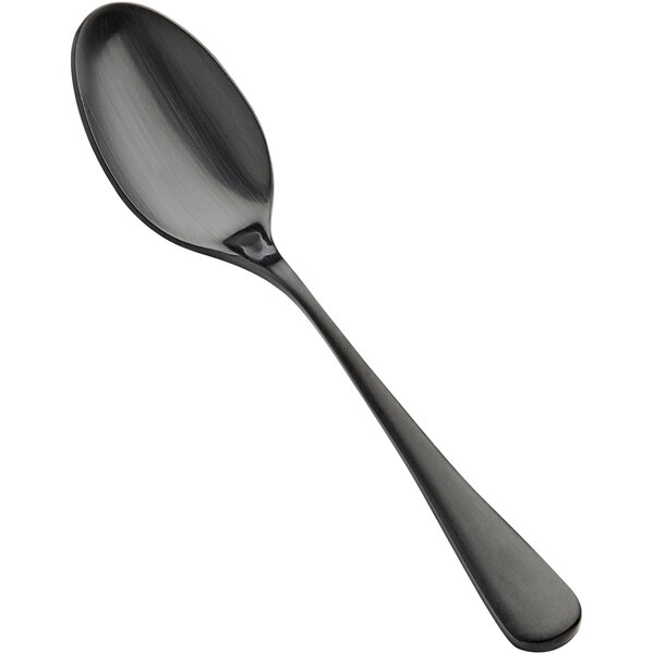 A close-up of a Bon Chef Como stainless steel teaspoon with a matte black handle and spoon.